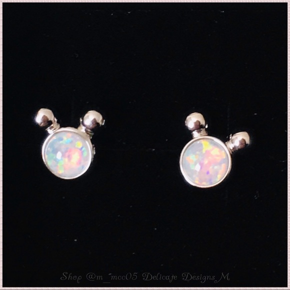 White Fire Opal Silver Mickey Studs - Picture 3 of 8